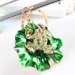 Frog & feuilles de lotus vert - porte-clés en cristal