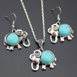 antique silver color jewelry set - elephant pendant blue beads necklaces - drop earrings statement charm for women chokerJewe...