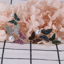 Triple papillons & perle - broche en cristal de luxe