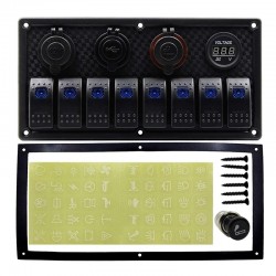 8-gang rocker switch panel - 12 - 24V - USB - LED - cigarette lighter socket - étanche