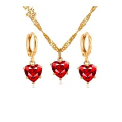 Collier d'or  boucles d'oreilles avec coeur rouge
