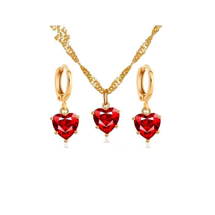 Collier d'or  boucles d'oreilles avec coeur rouge