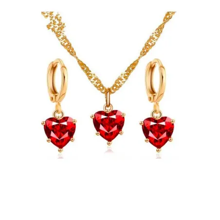 Golden necklace & earrings set with red heartNecklaces