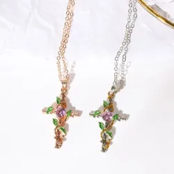 Croix avec des feuilles pendentif - collier - femmes
