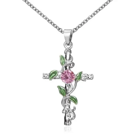 Pendant with cross & leaves & rose - stainless steel necklaceNecklaces