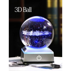 globe 3D avec 8 planètes - boule de cristal avec base - laser gravé - lumière de nuit LED - 8cm