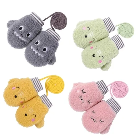Kids warm plush gloves - one finger - with rope - animals designClothing