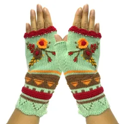 Gants d'hiver tricotés - demi-finger design - avec une broderie fleurie