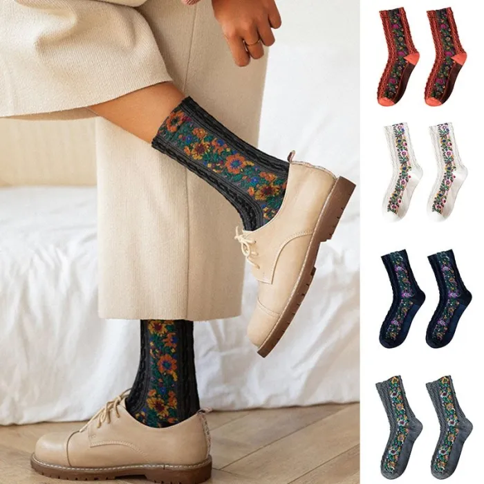 Chaussettes de fleurs brodées - Style ethnique - Femmes