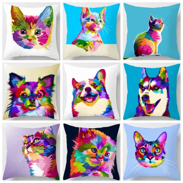 Animaux colorés - chat - chien - zèbre - girafe - lion - housse de coussin - 45 * 45 cm