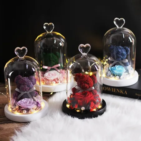 Rose éternelle préservée avec ours en verre - LED