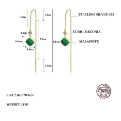 Boucles d'oreilles longues plaqué or - émeraude carré - 925 argent sterling