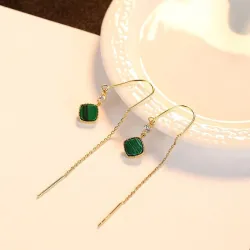 Boucles d'oreilles longues plaqué or - émeraude carré - 925 argent sterling