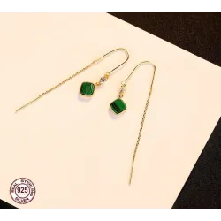 Gold plated long earrings - square emerald - 925 sterling silverEarrings