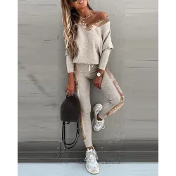 Combinaison à la mode avec paillettes - set avec haut à manches longues & pantalon