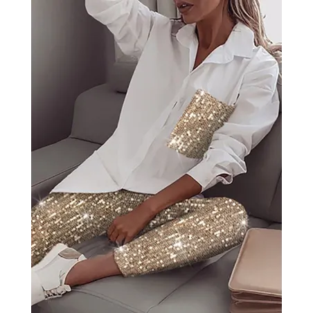 T-shirt manches longues paillettes brillante - set