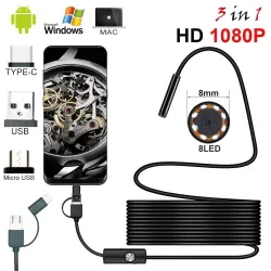 8.0mm - Caméra de finoscope USB - 1080P HD - 8 LED - câble étanche - pour Android / PC