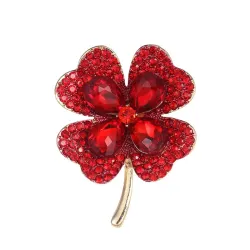 Green / red four leaf clover - crystal broochBrooches