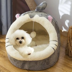 Lit pour chien / chat - Maison - Tapis de couchage en peluche avec jouet suspendu
