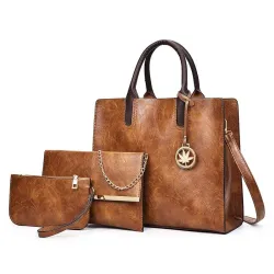 Women's leather handbag set with hemp logo - with messenger bag and purse - 3pcs