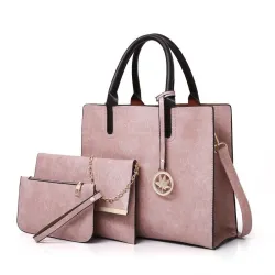 Women's leather handbag set with hemp logo - with messenger bag and purse - 3pcs