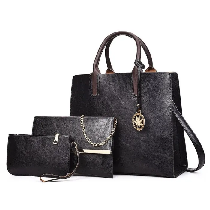 Women's leather handbag set with hemp logo - with messenger bag and purse - 3pcs