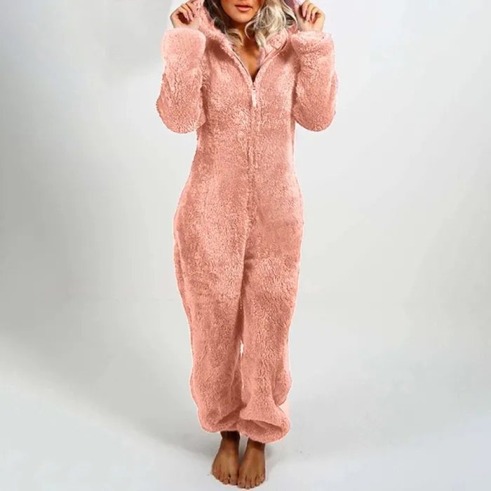 Plush romper with hoodie and zipper - winter pyjamaWomen's fashion