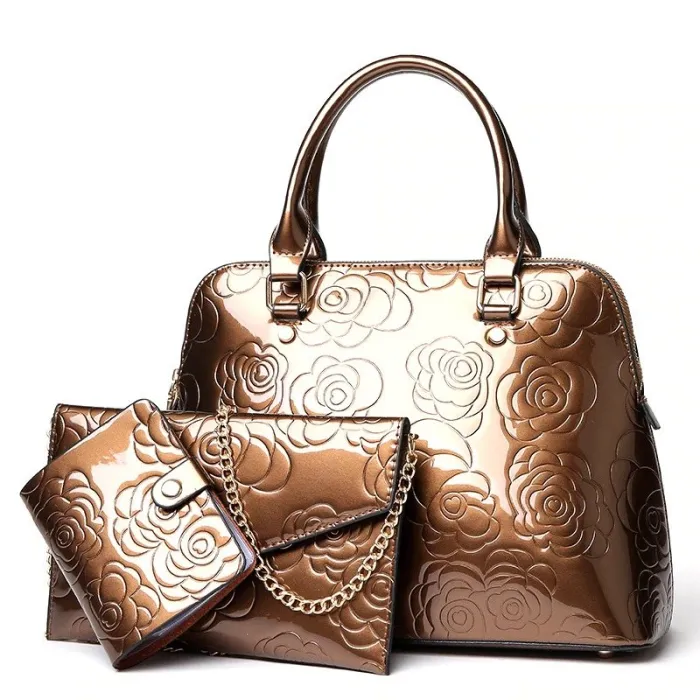 Sac à main en cuir - bandoulière - petit sac à main - imprimé fleurs - ensemble 3 pièces