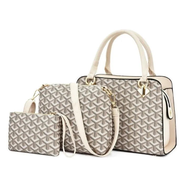 Sac à main en cuir - bandoulière - petite pochette - motif géométrique - ensemble 3 pièces