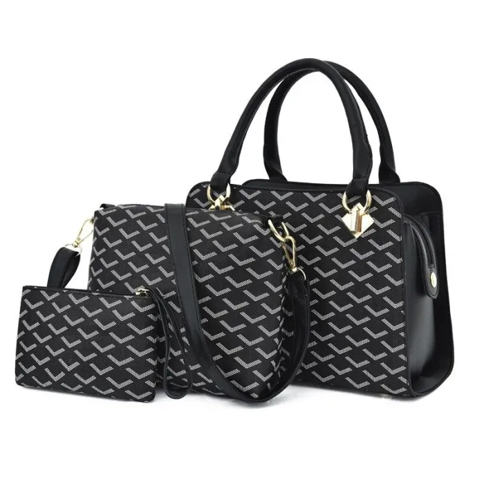Sac à main en cuir - bandoulière - petite pochette - motif géométrique - ensemble 3 pièces
