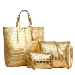 Sac en cuir - bandoulière - petite pochette - motif peau de crocodile - ensemble 3 pièces