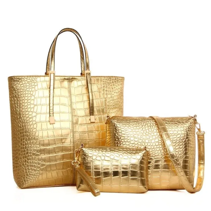 Sac en cuir - bandoulière - petite pochette - motif peau de crocodile - ensemble 3 pièces