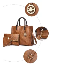 Women's leather handbag set with hemp logo - with messenger bag and purse - 3pcs