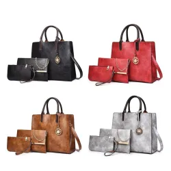 Women's leather handbag set with hemp logo - with messenger bag and purse - 3pcs