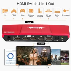 HDMI switch - 4 in 1 out - with S/PDIF & L/R audio output - HDTV 4K 60Hz 4:4:4 - IR remote controlHDMI switchers