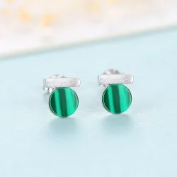 Elegant round stud earrings - with green malachite - 925 sterling silverEarrings