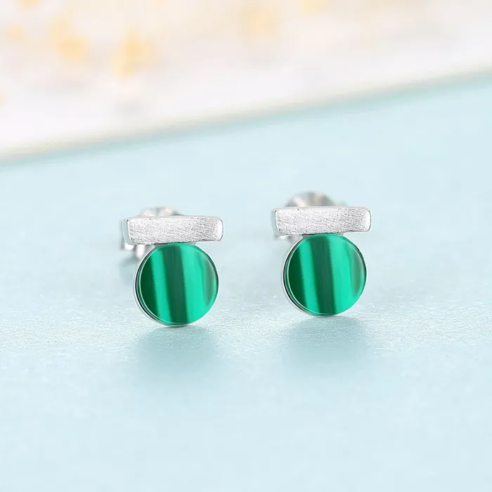Elegant round stud earrings - with green malachite - 925 sterling silverEarrings