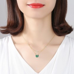 Gold necklace with malachite & zircons - double chain - 925 sterling silverNecklaces