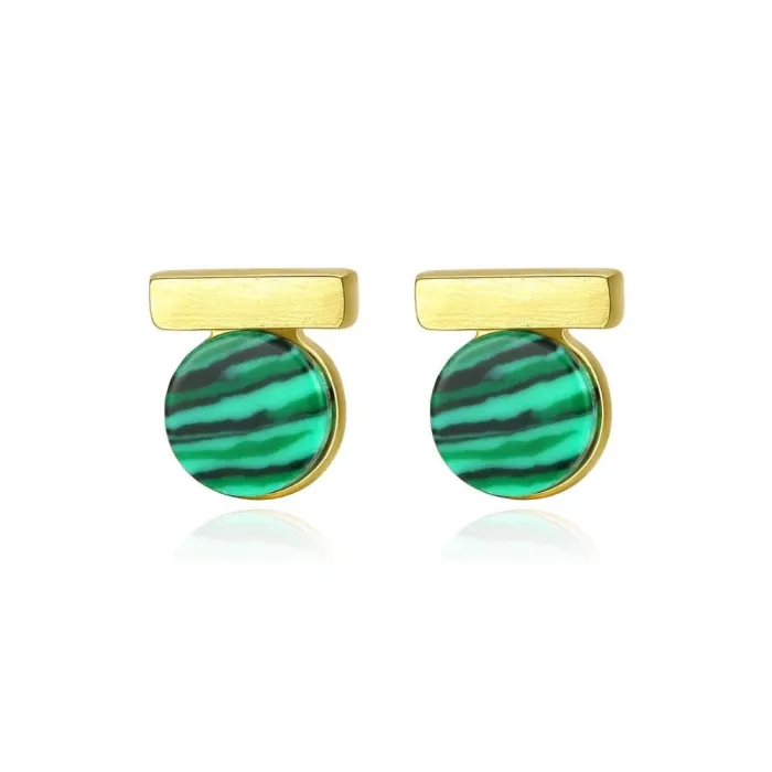 Elegant round stud earrings - with green malachite - 925 sterling silverEarrings