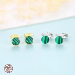 Elegant round stud earrings - with green malachite - 925 sterling silverEarrings