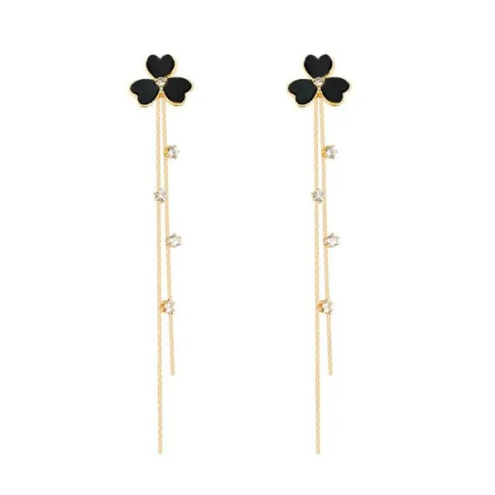 Black clover with crystals - double chain - long earringsEarrings