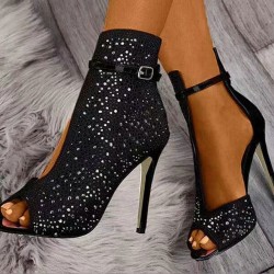 Black glitter ankle high heels - with an ankle strap - half open designPumps