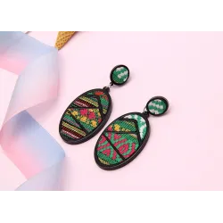 Oval drop earrings - geometric green fabric - Bohemian styleEarrings