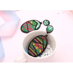 Oval drop earrings - geometric green fabric - Bohemian styleEarrings