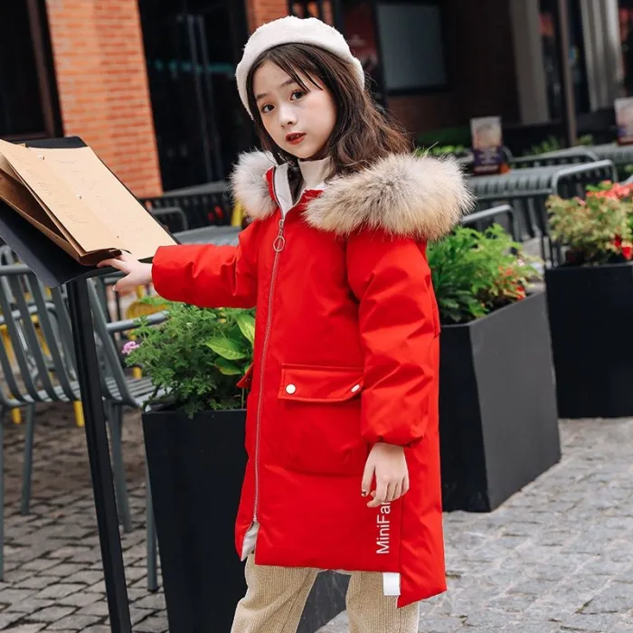 Thick winter kids jacket - with fur hood - waterproof