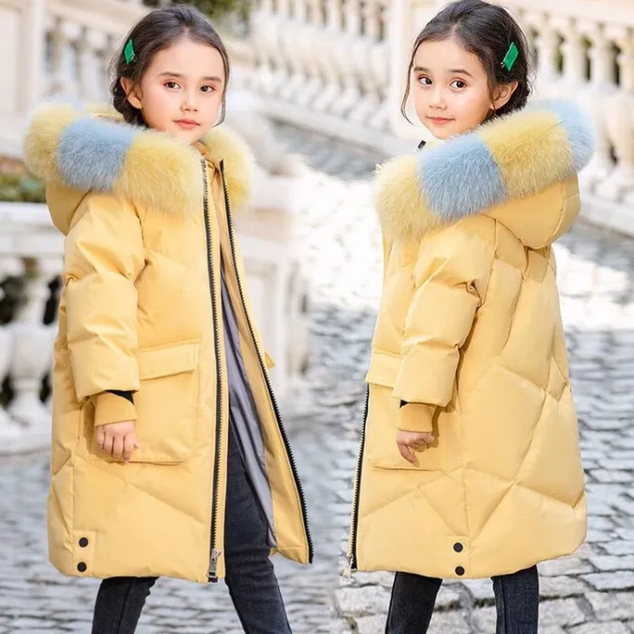 Cotton padded jacket for girls - with striped fur hood