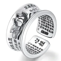 Buddhism heart sutra & lotus - ring - resizable - 925 sterling silverRings