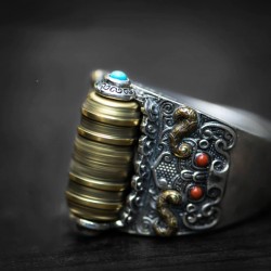 Buddhist mantra - ring - with colourful beads - resizable - 925 sterling silverRings