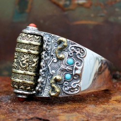 Buddhist mantra - ring - with colourful beads - resizable - 925 sterling silverRings