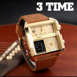 Men's sports watch - 3 time zones - quartz - leather band